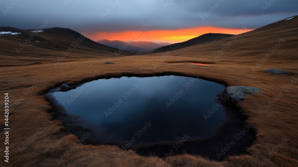 Naklejka premium Mountain sunset reflecting in a tranquil pool. A serene landscape at dusk with a dark pool reflecting the fiery sunset hues above the peaks