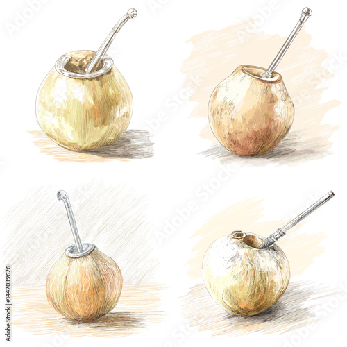 Hand-drawn illustration of yerba mate gourds with bombilla straws in rustic style. Watercolor sketch perfect for herbal tea concepts, South American traditions, and cultural beverage visuals.

