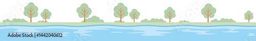 シンプルな水辺と木のシームレスな風景のベクターイラスト(Seamless vector illustration of a simple waterfront and trees landscape)