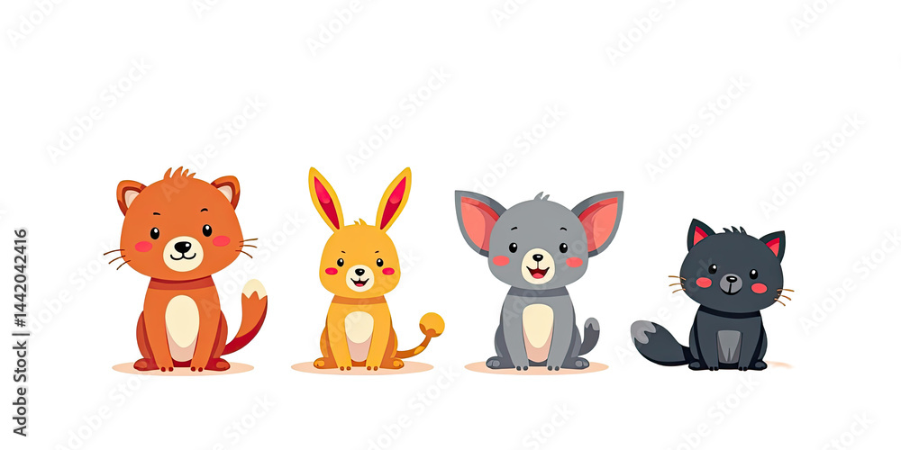 Obraz premium Adorable Cartoon Pets: Cat, Dog, Bunny - Minimalist style
