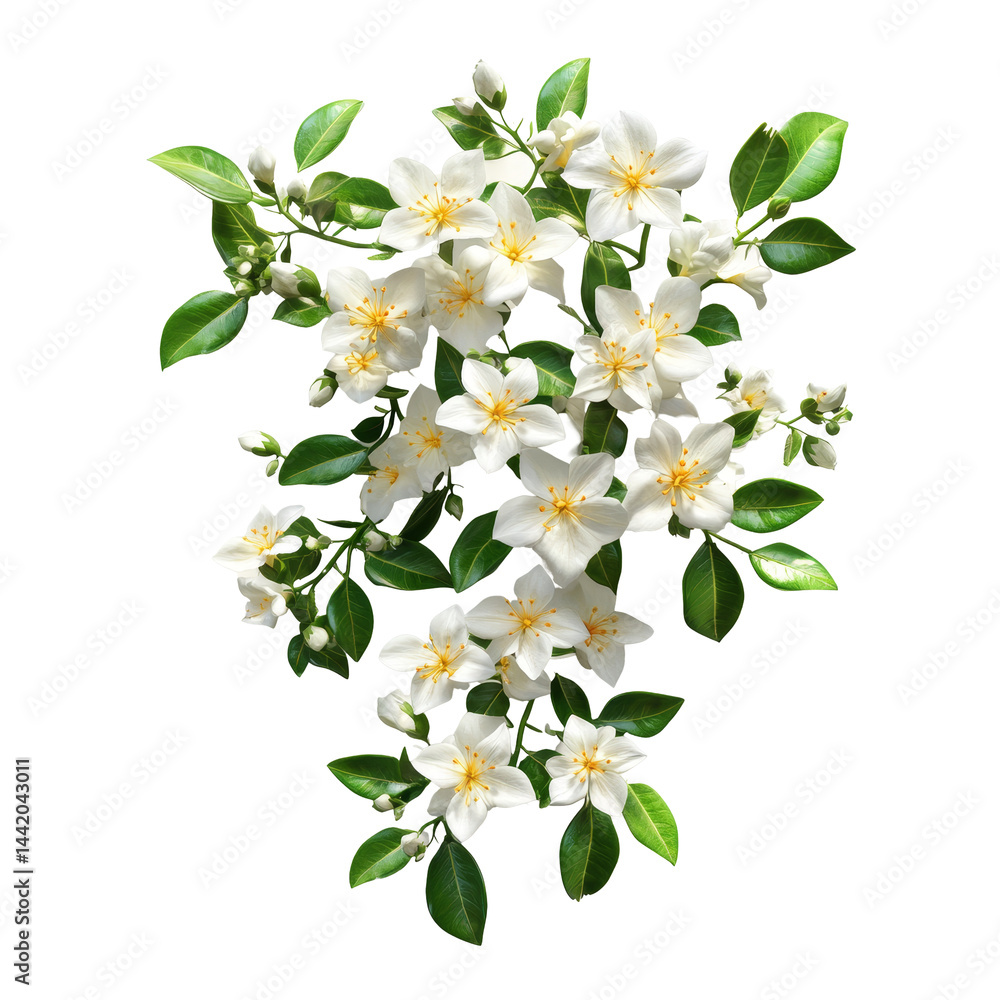Obraz premium A beautiful jasmine flower bush with lush green leaves isolated on a transparent background, a bush of jasmine flowers, file of isolated object with shadow on transparent background
