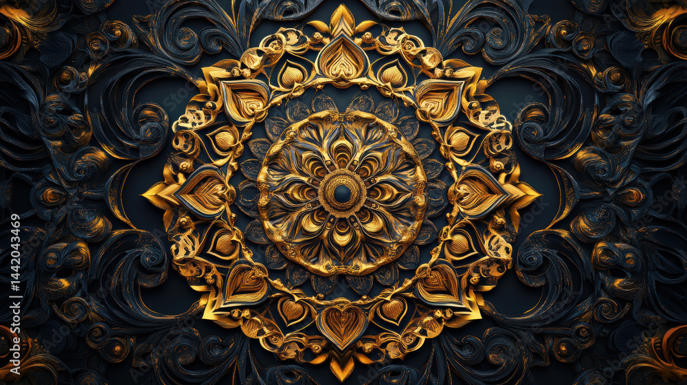 Intricate golden and black ornate mandala with detailed floral and abstract patterns on a dark background, emphasizing craftsmanship and decorative art design Intricate golden and black ornate mandala with detailed floral and abstract patterns on a dark background, emphasizing craftsmanship and decorative art design