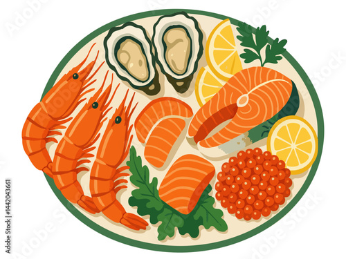 Flat vector seafood set on big plate. Top view seafood dish. Restaurant food presentation. 