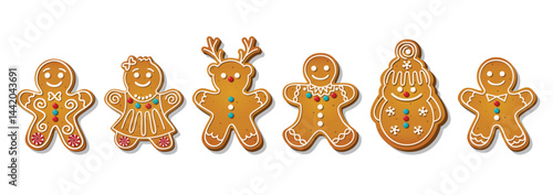 Christmas Gingerbread cookies in xmas person shapes. Winter homemade cakes in festive shapes isolated on white background. Cute childish cartoon vector illustration
