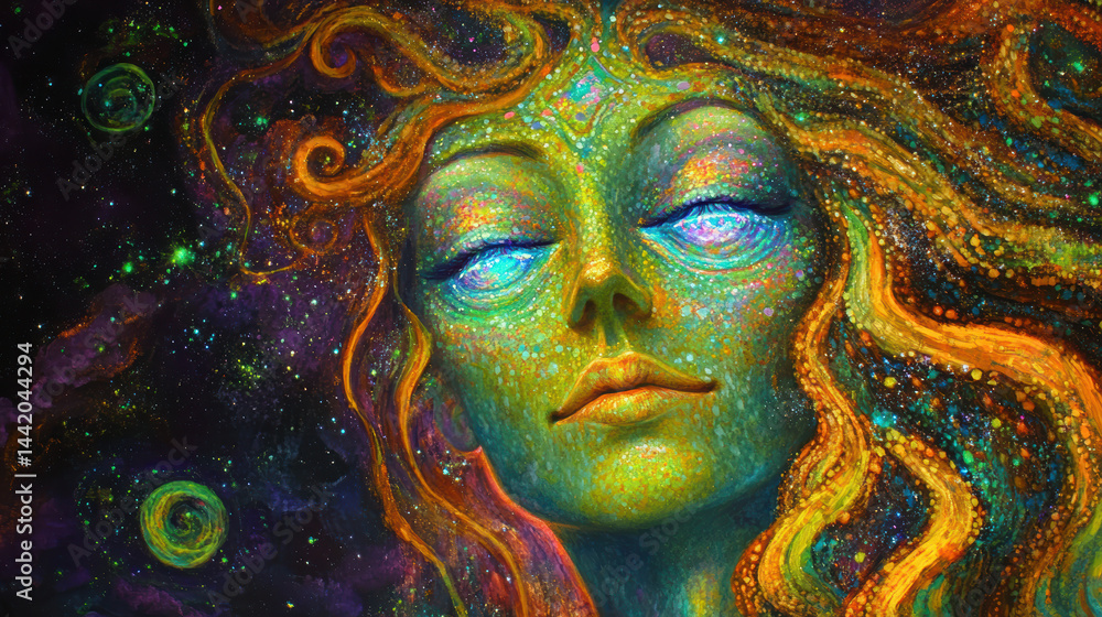 Surreal cosmic goddess with glowing skin and flowing multicolored hair amidst a vibrant galaxy and nebula background portraying fantasy celestial art scene Surreal cosmic goddess with glowing skin and flowing multicolored hair amidst a vibrant galaxy and nebula background portraying fantasy celestial art scene