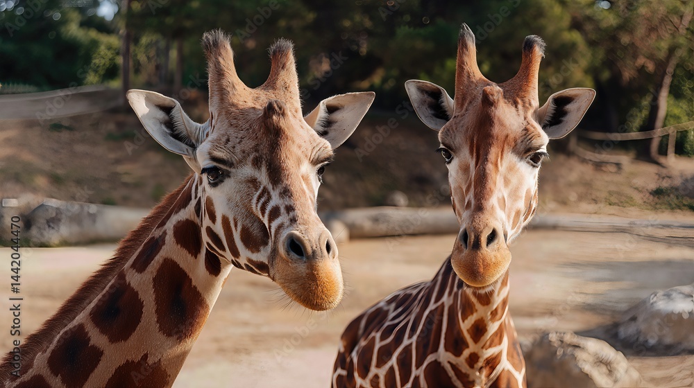 Fototapeta premium Two giraffes face the camera under gentle sunlight, their patterned necks and expressive eyes capturing the beauty of African wildlife.