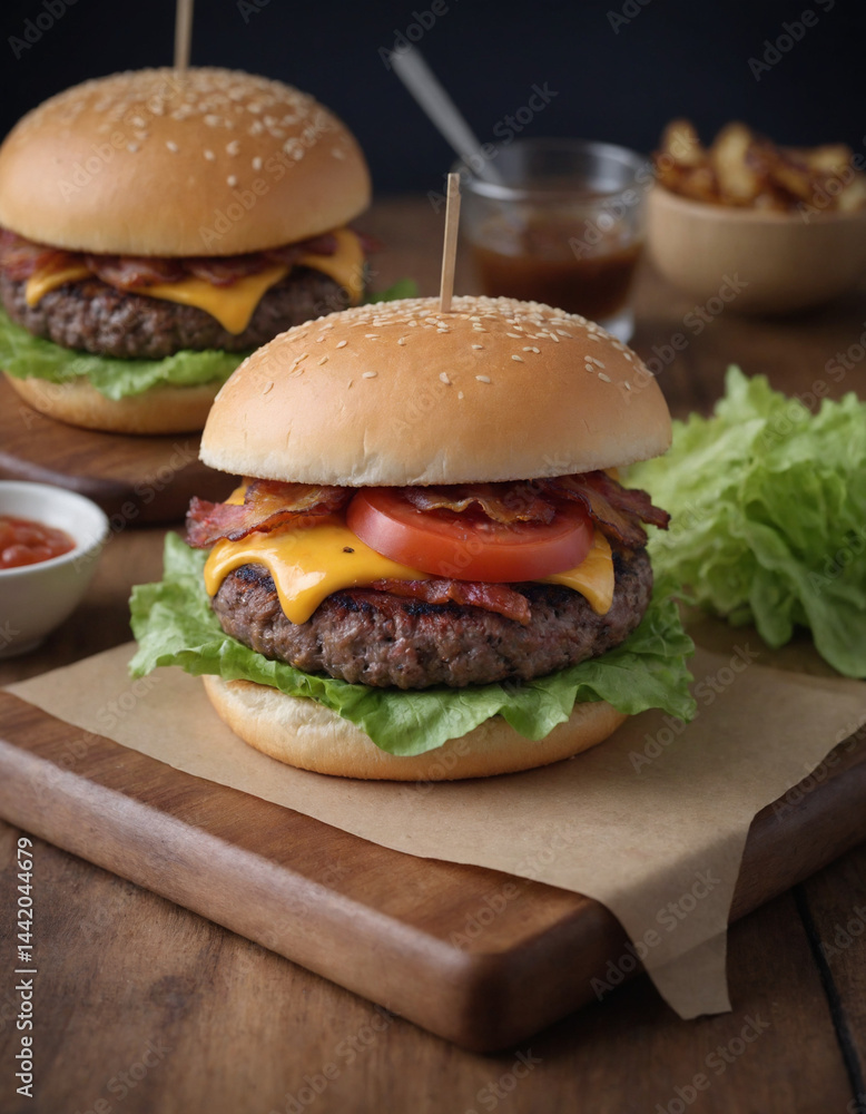 Classic Bacon Cheeseburgers with Cheddar Cheese, Lettuce, and Tomato on Wooden Board Classic Bacon Cheeseburgers with Cheddar Cheese, Lettuce, and Tomato on Wooden Board