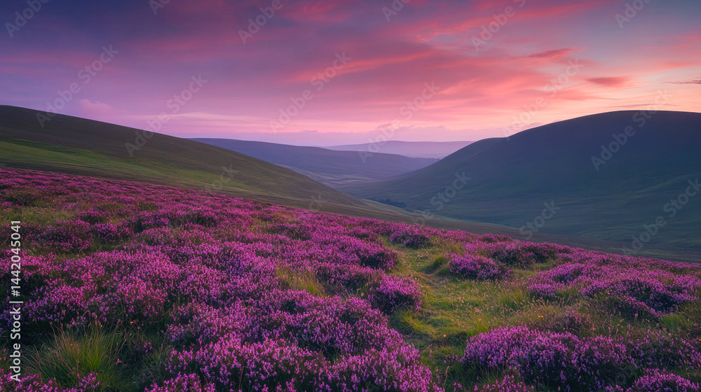 Valley of wildflowers under a glowing evening sky reveals nature's untouched beauty Valley of wildflowers under a glowing evening sky reveals nature's untouched beauty