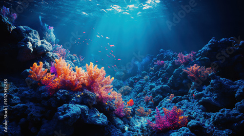 Wallpaper Mural Vibrant Underwater Coral Reef Scene with Colorful Fish Illuminated by Sunlight Rays Filte Through Ocean Water Torontodigital.ca