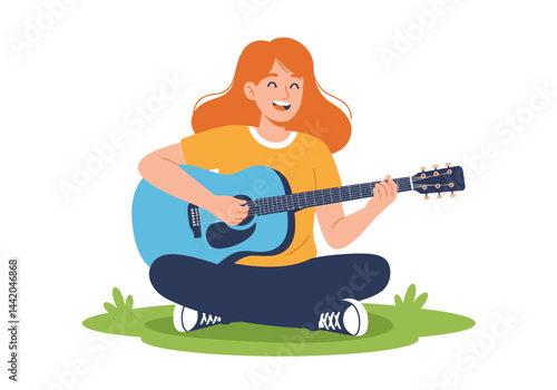 Joyful guitarist plays while seated outdoors
