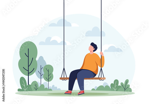 Pensive man on swing in park