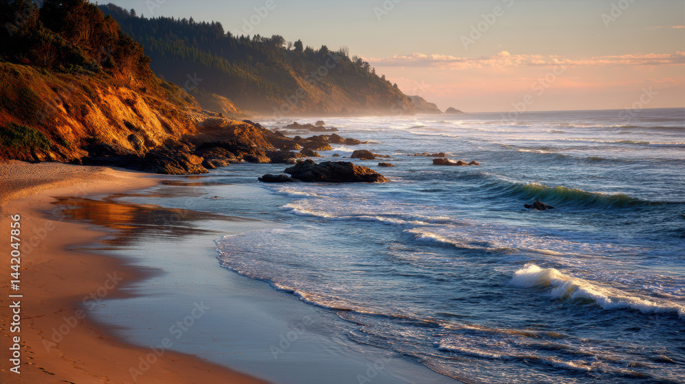Obraz premium Golden light paints the Oregon coastline at sunset, highlighting the cliffs, trees, and the gentle waves rolling onto the sandy beach creating a serene scene.
