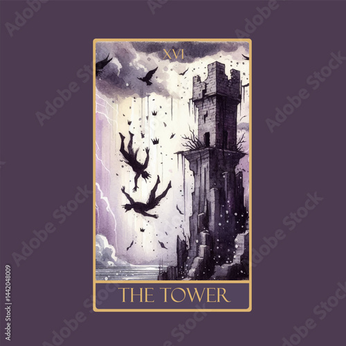 A watercolor Tarot card 'The Tower'.Tarot card colorful deck. Major arcana set part . Vector hand drawn engraved style. Occult and alchemy symbolism.