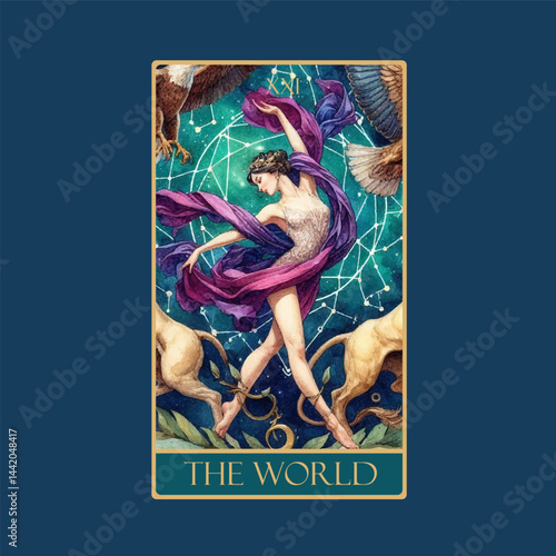 A watercolor Tarot card 'The World'.Tarot card colorful deck. Major arcana set part . Vector hand drawn engraved style. Occult and alchemy symbolism.