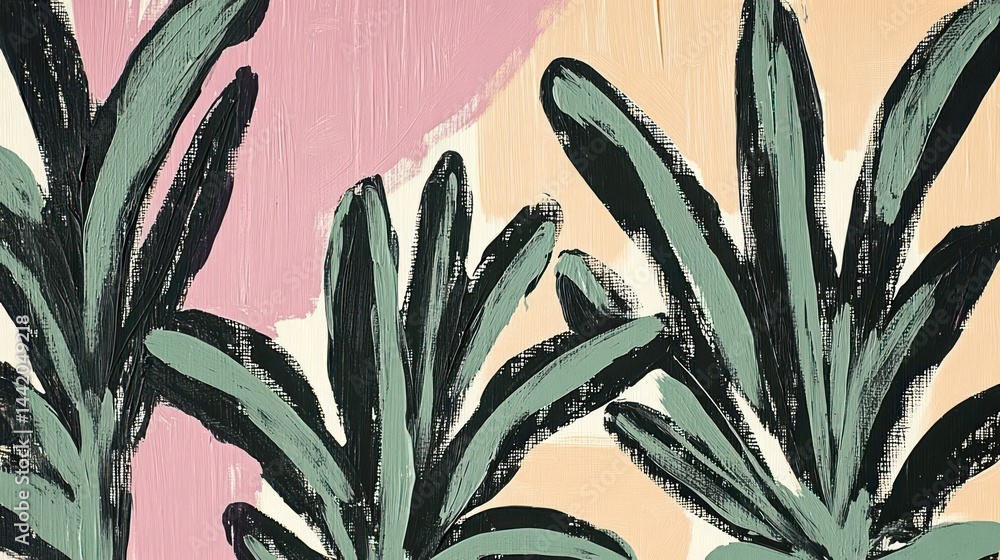 Obraz premium A vibrant abstract design featuring tropical leaves against pastel backgrounds.