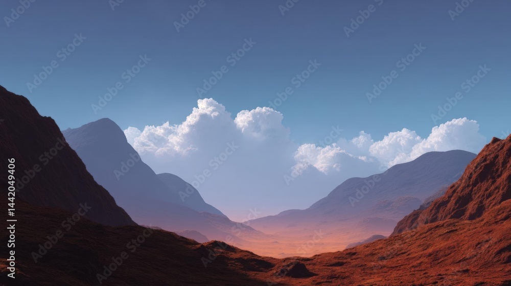 Naklejka premium Landscape photograph of a mountain range. the sky is a deep blue with a few white clouds scattered across it. the mountains are tall and jagged, with a reddish-brown color on the slopes.