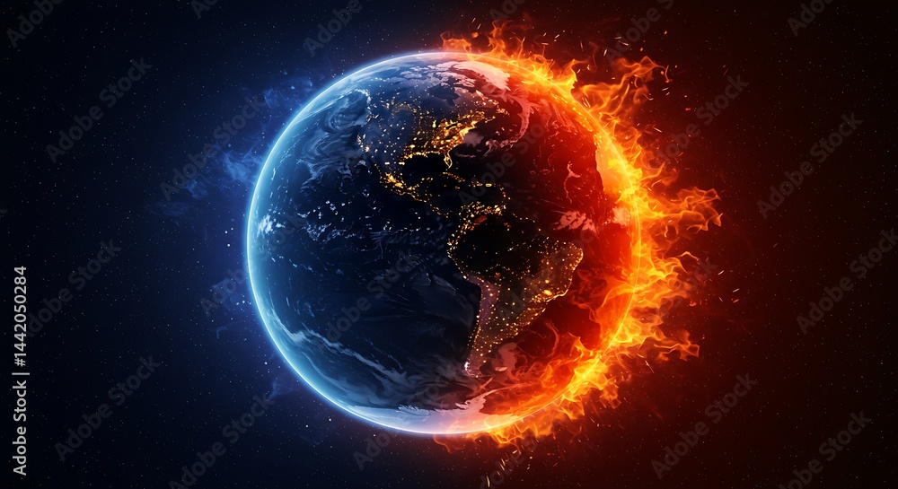 Earth planet divided between ice and fire with visible continents in a dark space background Earth planet divided between ice and fire with visible continents in a dark space background