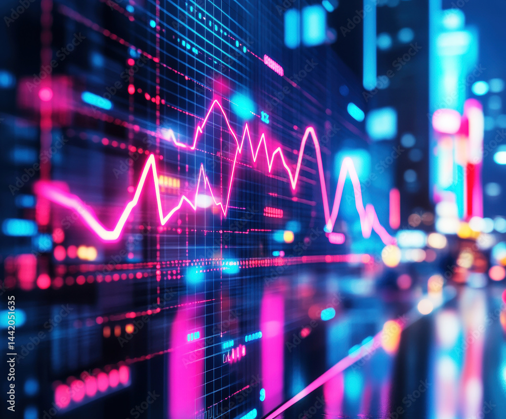 Colorful financial data visualizations in an urban setting at night Colorful financial data visualizations in an urban setting at night