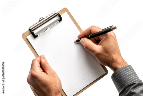 Hands writing on clipboard blank page note taking close up shot simple background clean design
