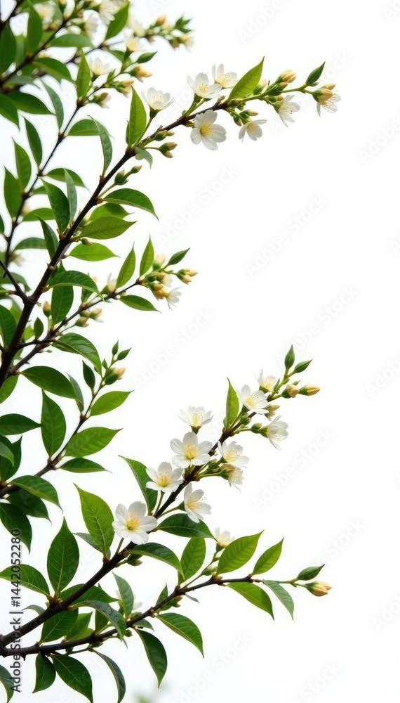 Obraz premium Branches with lush foliage and tiny flowers isolated on white, plant life, branches