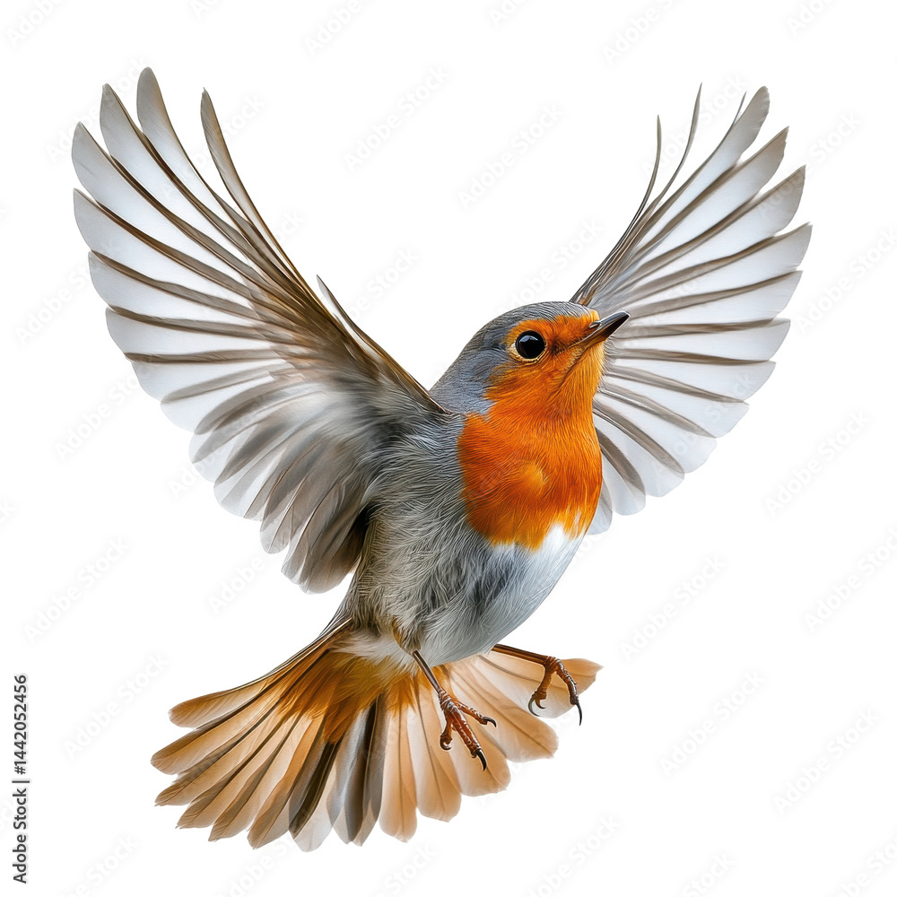 Fototapeta premium A digitally enhanced image of a robin in mid-flight, showcasing detailed features and vibrant colors.