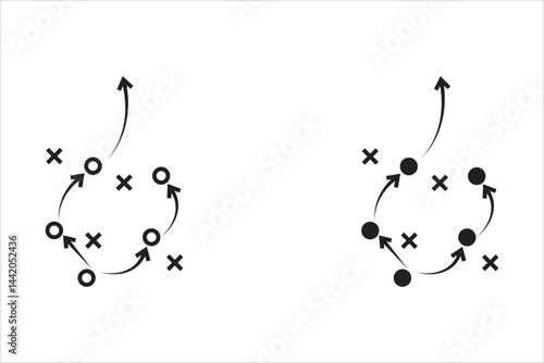 Strategy game plan. Tactics for football. Scheme for football team training. Sports illustration on the board. Coach's manual. Strategic organization on the field for learning. Vector. For apps, web 