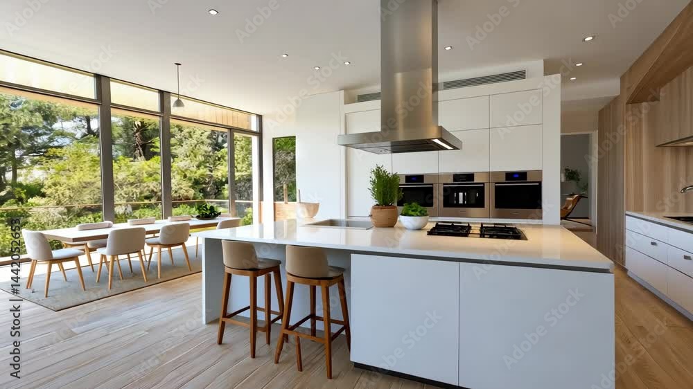 Modern Kitchen with Open Concept and Large Windows Overlooking Nature