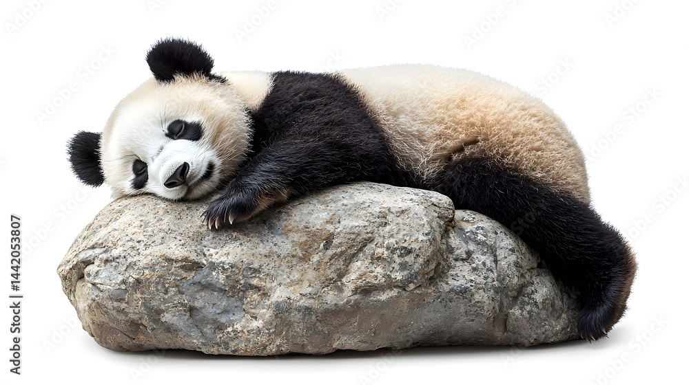 Fototapeta premium Adorable giant panda bear sleeping peacefully on a rock