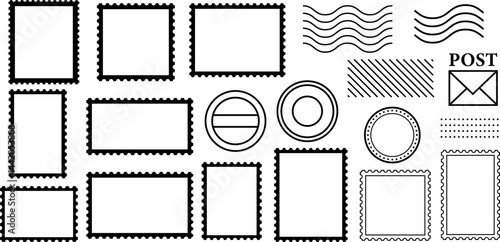 Postage stamp icons and frames vector shape set, decorative clip art element set