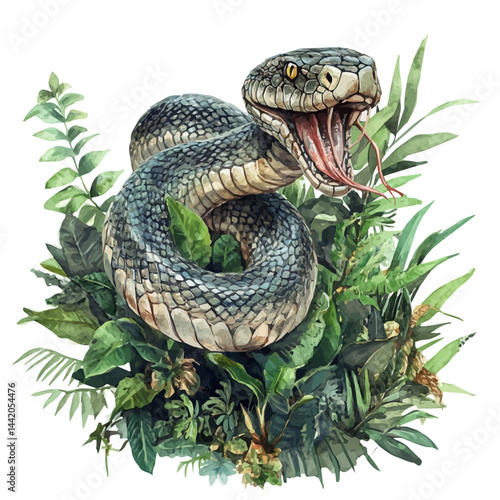 giant serpent in the jungle, watercolor drawing, isolated on a white background. giant serpent in the jungle vector.