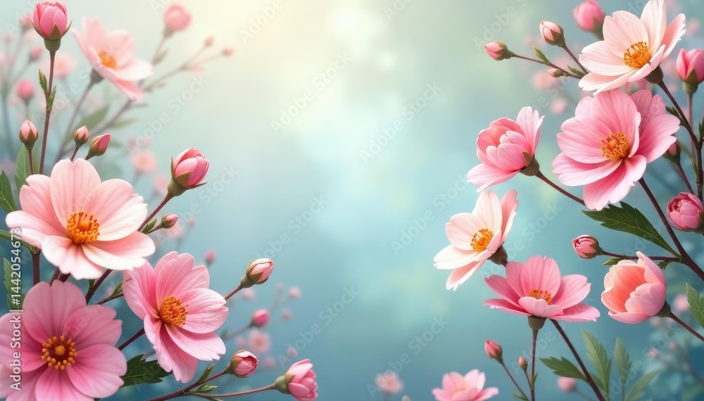 Naklejka premium Delicate floral tapestry, pastel palette, soft focus, texture, summer, botanical