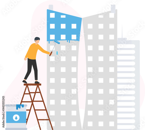 Painter standing on a ladder, skillfully applying blue paint to the facade of a building with a paint roller, contributing to the renovation and maintenance of the urban architecture

