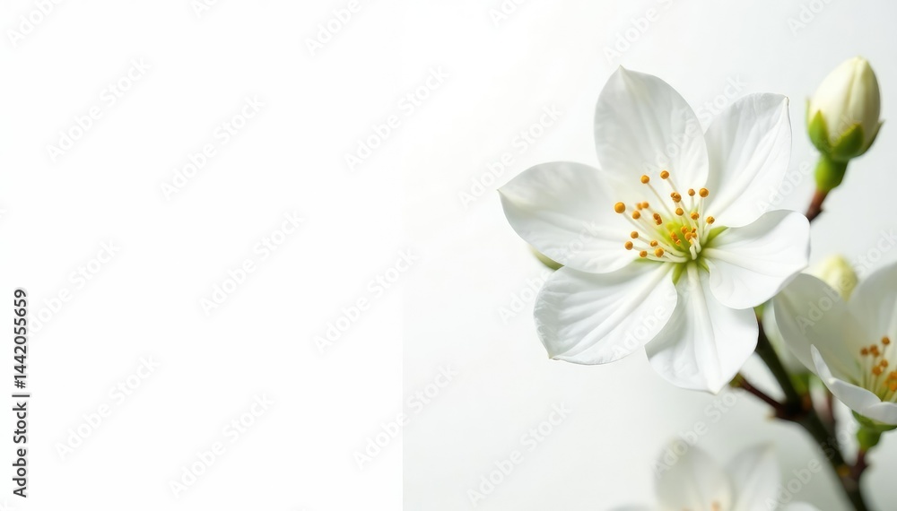 Fototapeta premium Delicate white flower blossoms against pure white background, light, natural