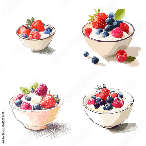 Hand-drawn illustration of yogurt bowls topped with fresh berries. Watercolor sketch style, ideal for healthy food content, breakfast menus, and nutrition-themed designs.

