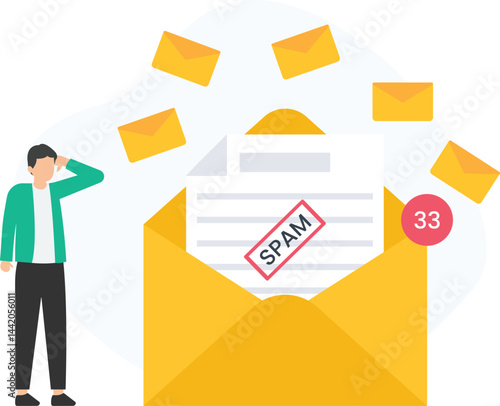 Stressed businessman overwhelmed by a flood of spam emails and notifications, illustrating the challenges of email scams, phishing attempts, and unwanted messages in today's digital landscape

