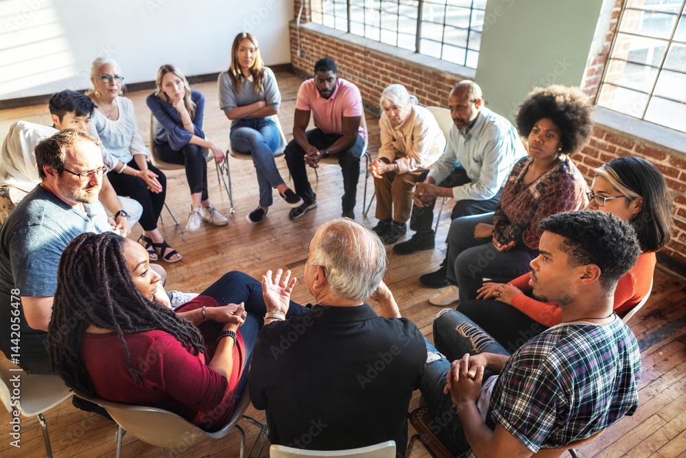 Obraz premium Diverse group in a circle, discussing in a bright room. Mixed genders, engaged in conversation, sharing ideas, and listening attentively. Diverse people sitting in a circle of support from community.
