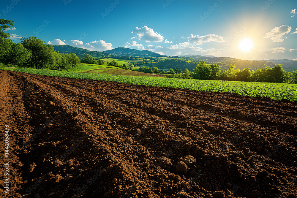 Serene Sunset over Verdant Rural Fields with Rolling Hills and Distant Mountains