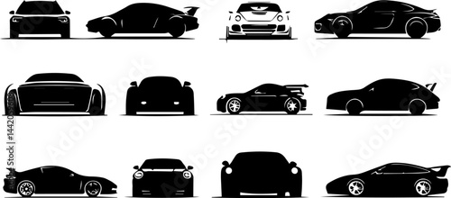 Silhouettes of diverse car designs showcase unique shapes and profiles, highlighting speed