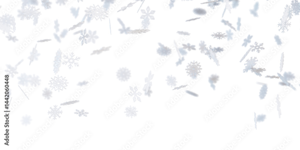Naklejka premium Delicate snowflakes descend softly against transparent background, creating a tranquil and magical winter atmosphere in the evening hours. Beauty of the falling snow. Header, top border. 3D render.