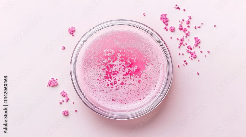 Close-up view of pink-colored sample in petri dish, flat-lay on pale surface Close-up view of pink-colored sample in petri dish, flat-lay on pale surface
