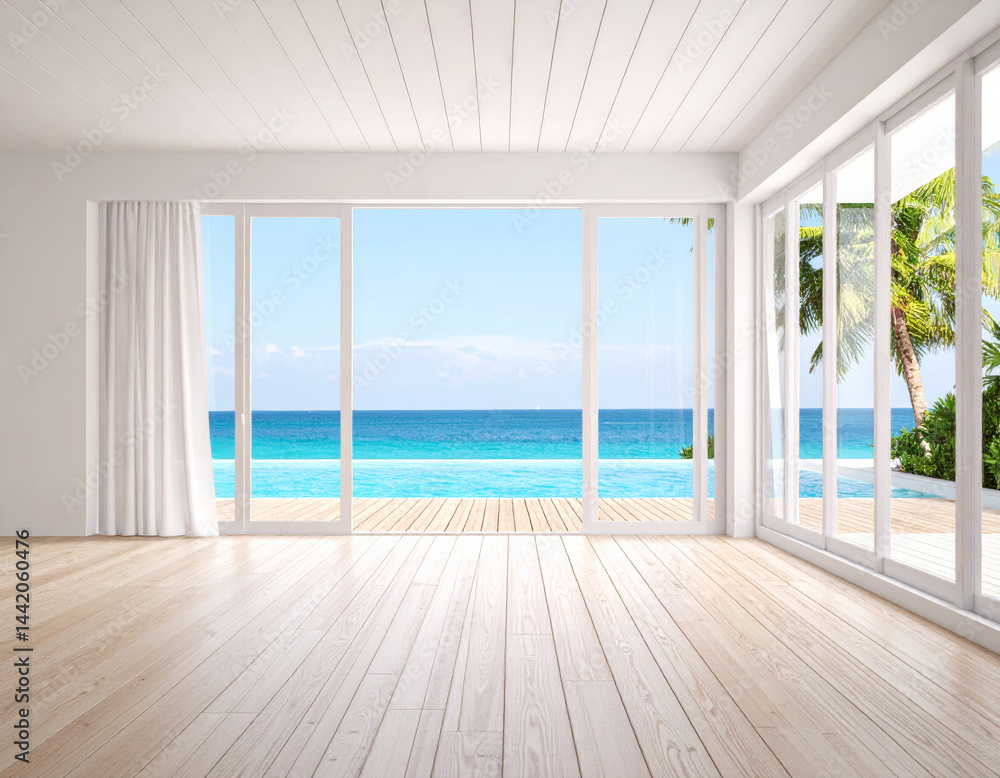 Fototapeta premium spacious, empty living room with large windows showcasing stunning sea view, bright natural light flooding in, and serene atmosphere. wooden floor adds warmth to modern design