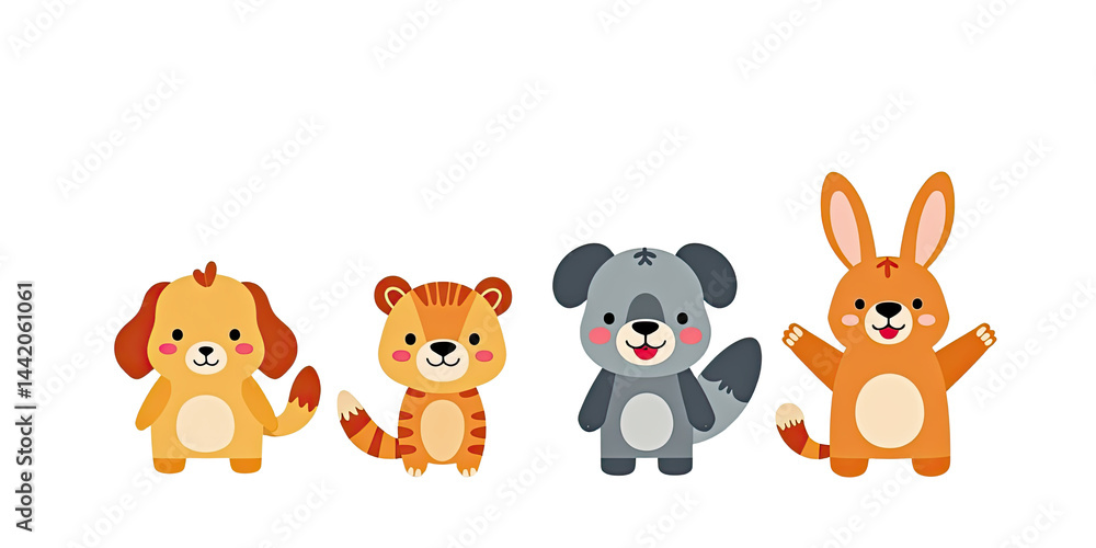Fototapeta premium Cute Cartoon Animals: Dog, Tiger, Dog, Rabbit - Minimalist illustra.