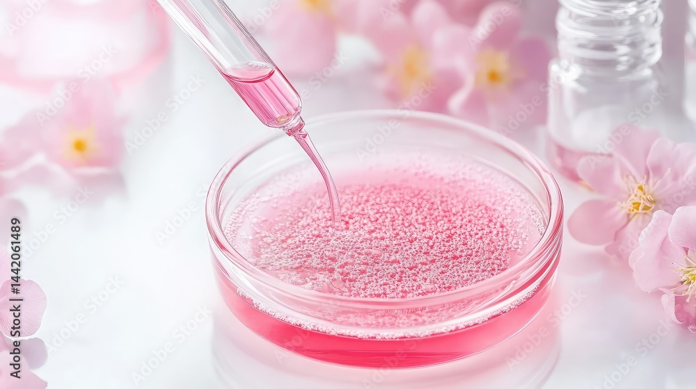 Medical research setup: soft pink fluid in round clear dish on clean light lab surface Medical research setup: soft pink fluid in round clear dish on clean light lab surface