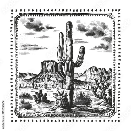 Desert scene postage stamp, vintage cactus, mountains, black sketch, old engraving style, western landscape art, rustic vintage postcard, antique desert scenery, old-style desert design