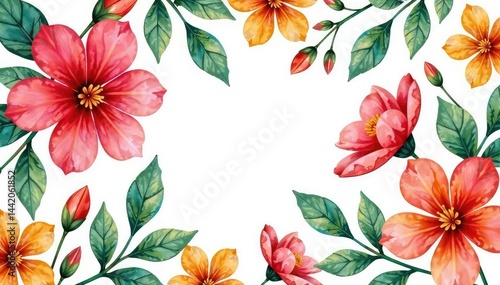 Intricate watercolor floral pattern, vibrant blooms & leaves, romantic, watercolor, art