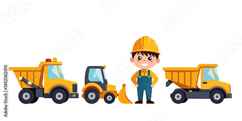 Cute Kid Construction Worker with Trucks - Children's illustrations