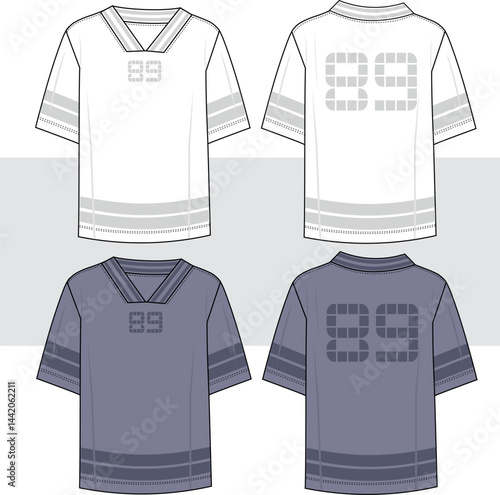 Men Streetwear Jersey T-Shirt template. Hip Hop, uniform, college, baseball, basketball oversize top fashion flat sketch illustration, front and back view. cad, mockup.
