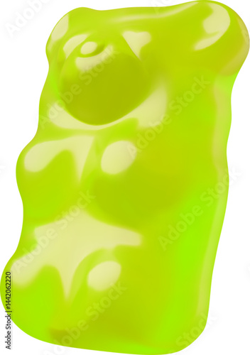 Green chewy jelly gummy bear 3D vector icon, cartoon sweet candy dessert, volume bright animal marmalade confectionery