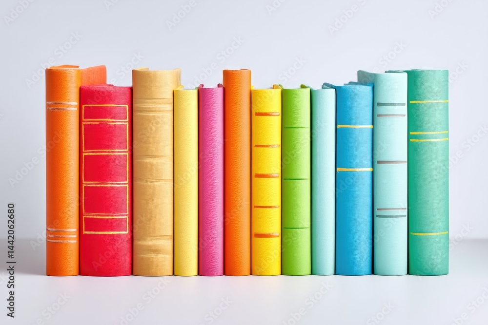 Colorful Stack of Books With Vibrant Rainbow Spines Arranged Neatly on a Shelf in a Cozy Reading Nook Colorful Stack of Books With Vibrant Rainbow Spines Arranged Neatly on a Shelf in a Cozy Reading Nook