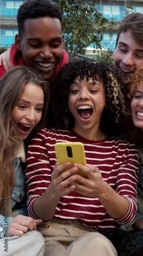 Group of diverse friends sharing a fun moment on social media